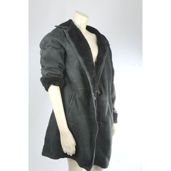 Vintage Dark Green Shearling Suede Coat Warm Winter Leather Trim Jacket Size M - Picture 14 of 16